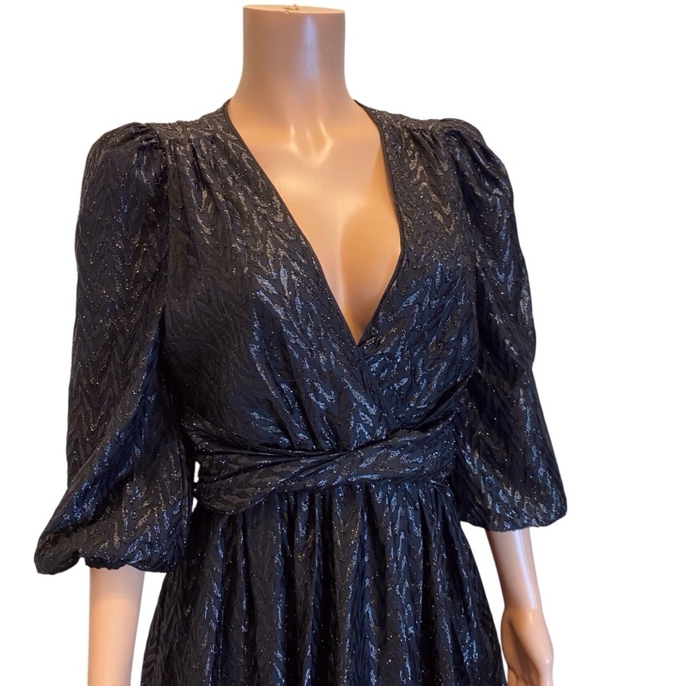 Do+Be Black Shimmer Puff Sleeve Wrap Mini Dress Size M Party Cocktail Holiday - Picture 2 of 12